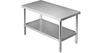 VEVOR stainless steel prep table with bottom shelf and sturdy legs for kitchen or industrial use.