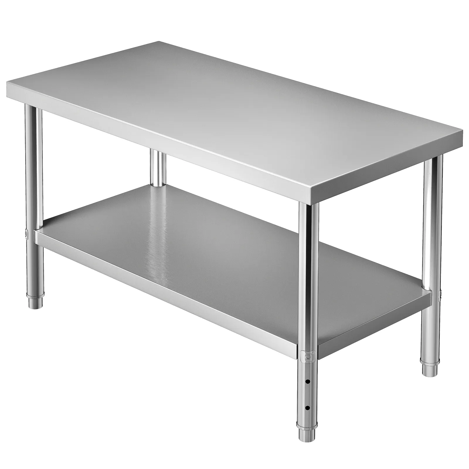 VEVOR stainless steel prep table with lower shelf, sturdy legs, and smooth surface for kitchen use.