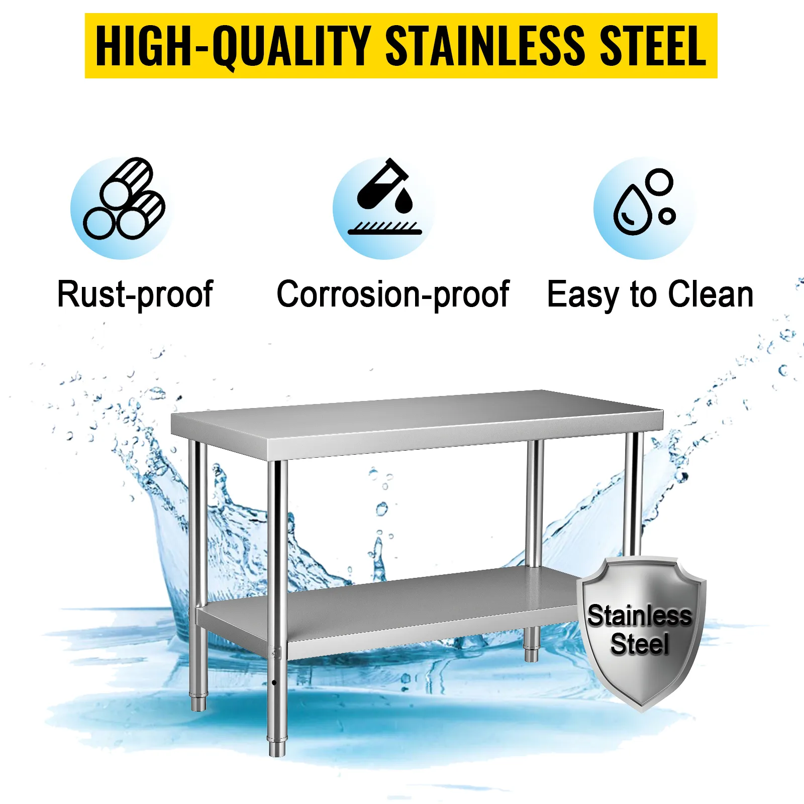 VEVOR stainless steel prep table graphic highlighting rust-proof, corrosion-proof, and easy-to-clean features.
