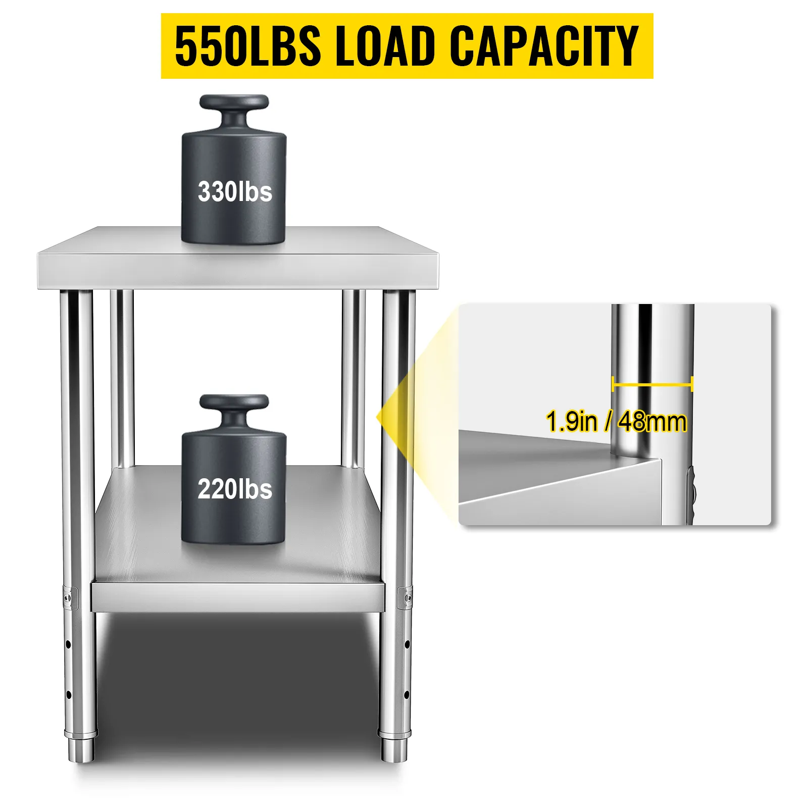VEVOR stainless steel prep table with 550lbs load capacity, supporting weights of 330lbs and 220lbs.