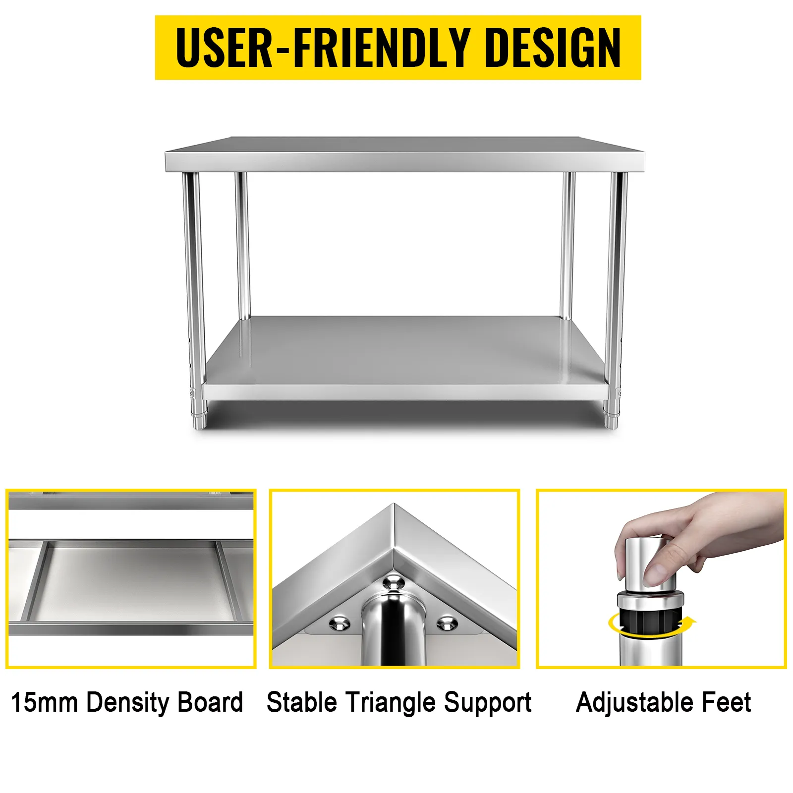 VEVOR stainless steel prep table with 15mm density board, stable triangle support, and adjustable feet.