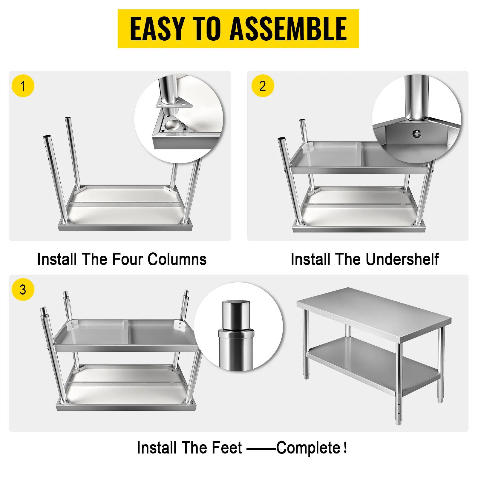 easy assembly steps for VEVOR stainless steel prep table: install columns, undershelf, and feet.