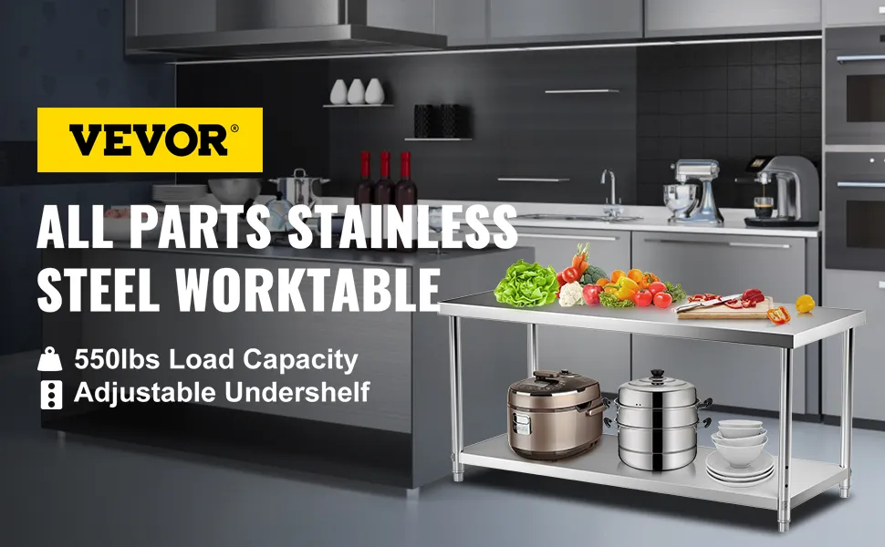 Tavolo da preparazione in acciaio inox VEVOR in una cucina moderna con verdure sopra ed elettrodomestici sotto.