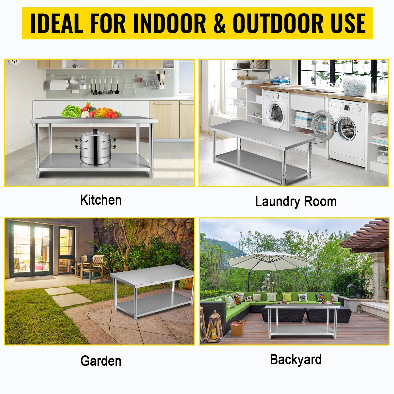 Tavolo da preparazione in acciaio inox VEVOR per cucina, lavanderia, giardino, cortile; ideale per uso interno/esterno.