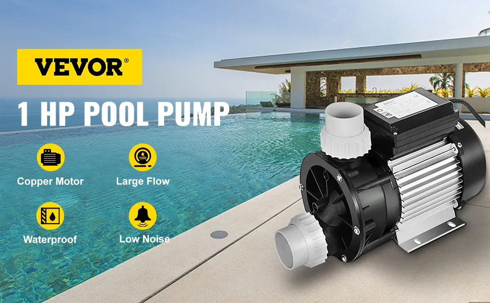 VEVOR swimming pool pump with copper motor by a luxurious pool, highlighting features.