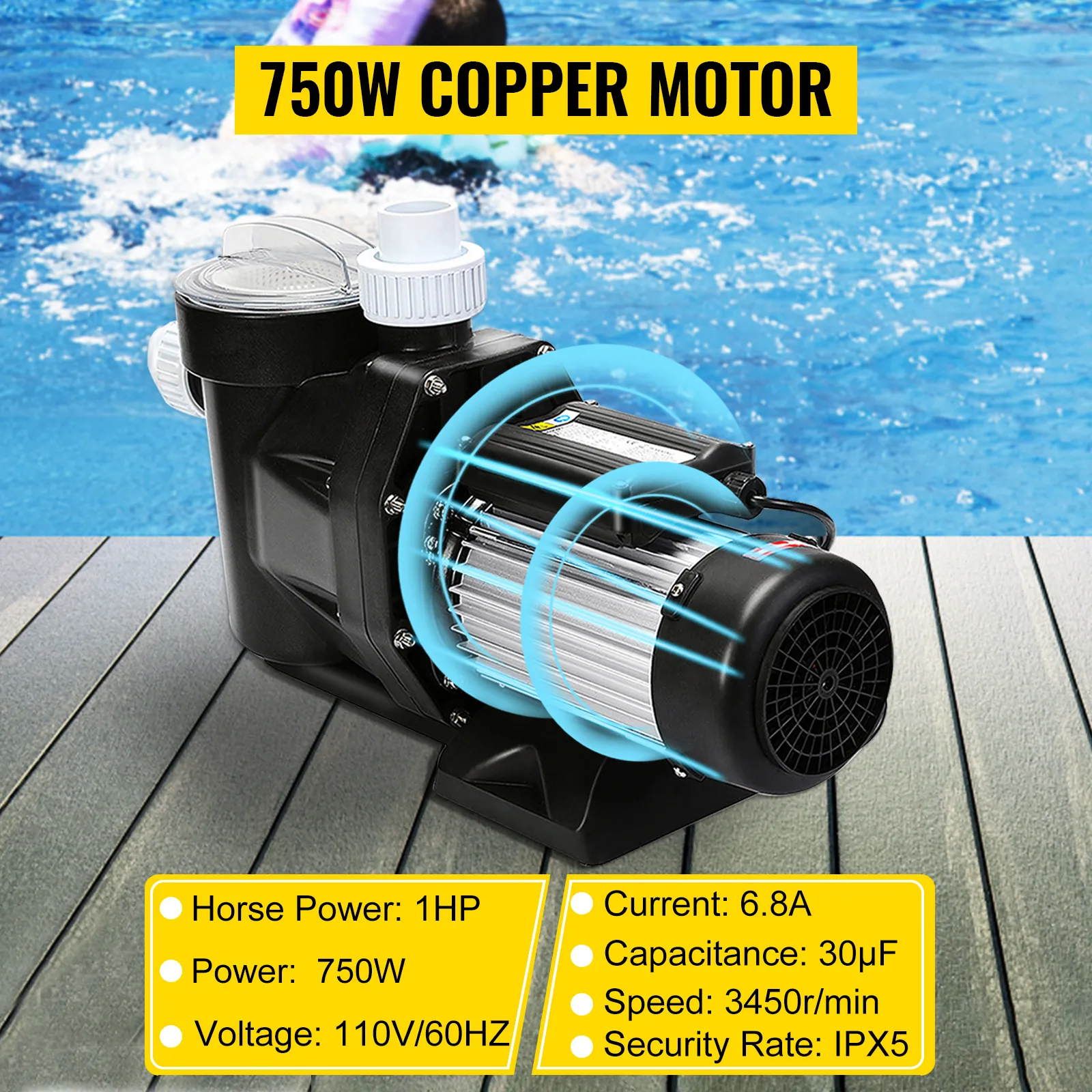 VEVOR swimming pool pump with 750w copper motor and specifications on wooden deck.