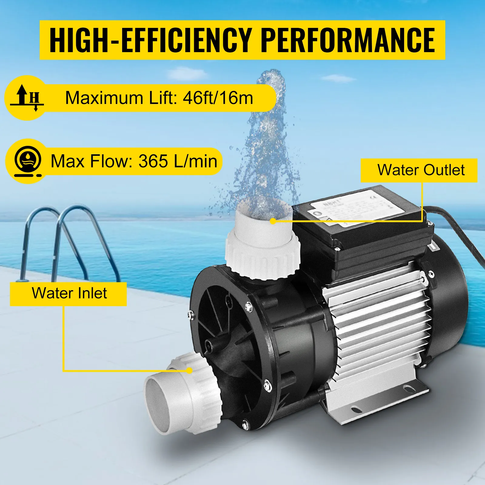 VEVOR swimming pool pump, 46ft maximum lift, 365 l/min max flow, by a pool.