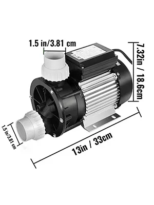 VEVOR spapomp met gelabelde afmetingen van 2 inch, 5 cm, 13 inch, 33 cm, 7,32 inch en 18,6 cm.