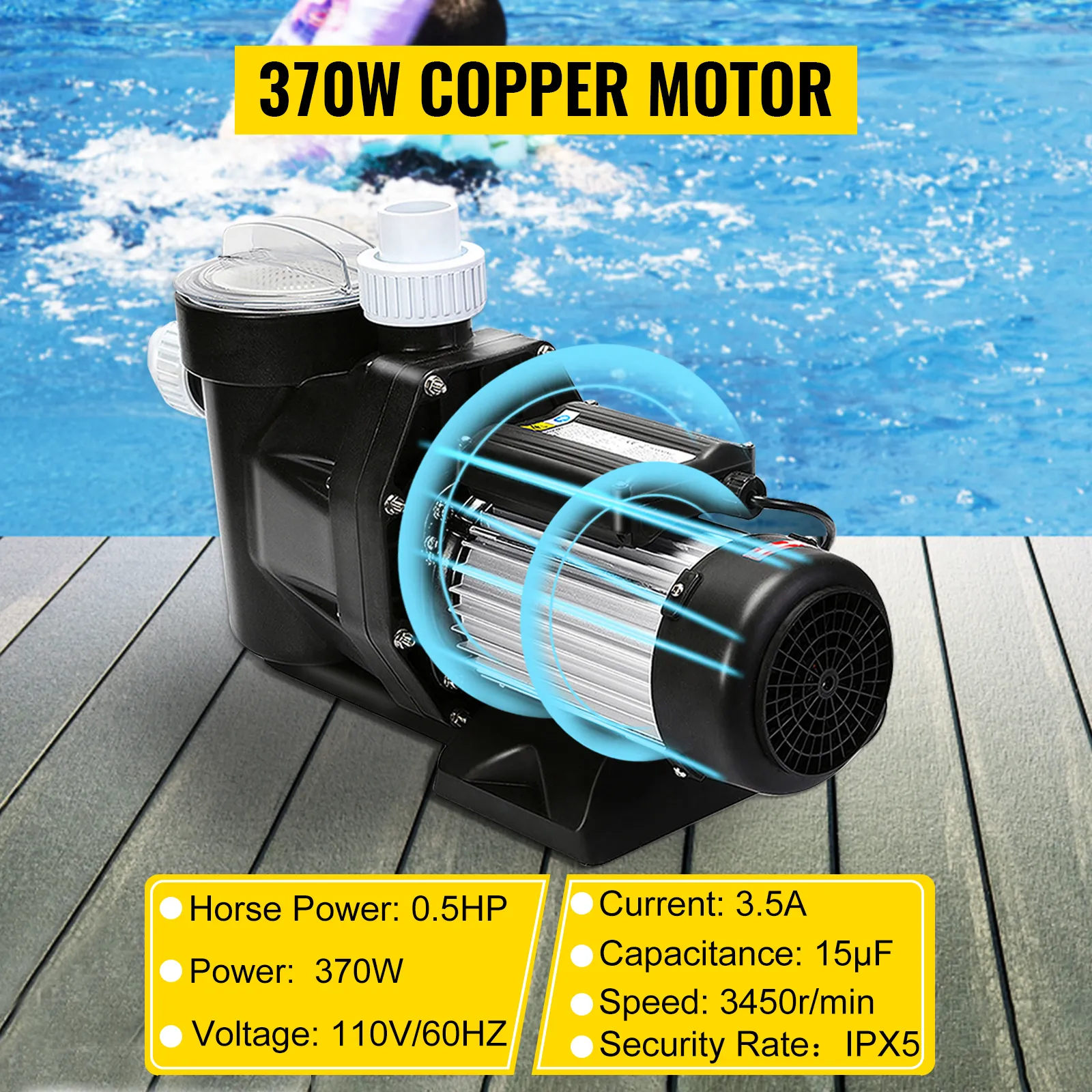 VEVOR spapomp met 370W koperen motor, 0,5 pk, 110V/60Hz en IPX5-beveiligingsklasse.