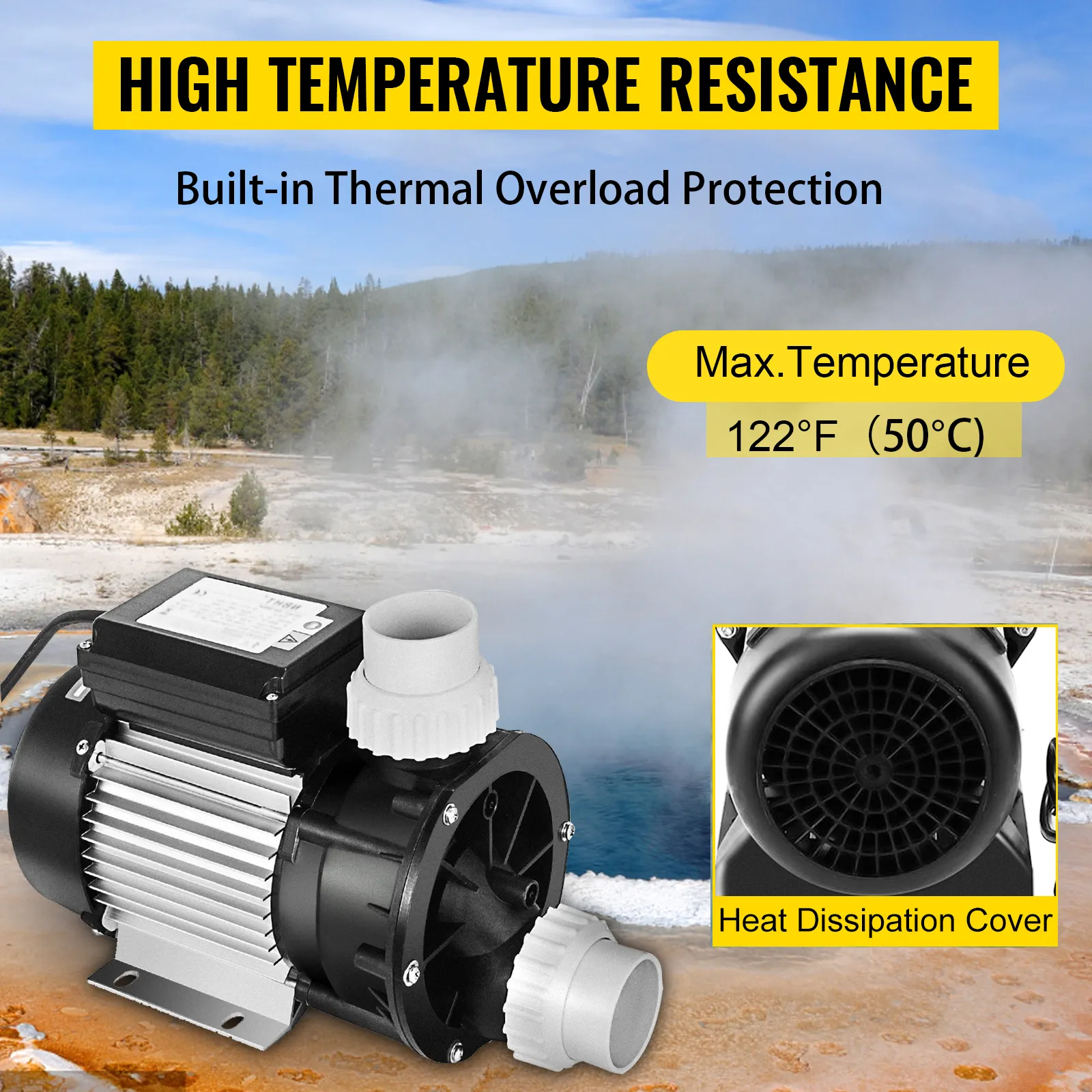 VEVOR spapomp met thermische overbelastingsbeveiliging en maximale temperatuur 50°C (122°F).