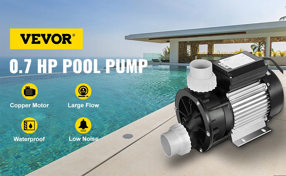 VEVOR 0.7 hp pool pump with copper motor by a modern pool.