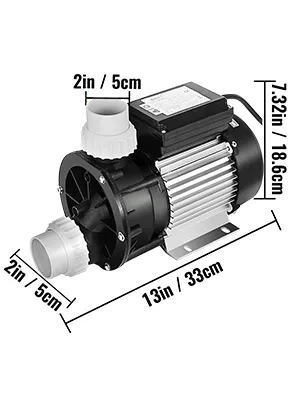 VEVOR hot tub pump, dimensions: 13in x 7.32in x 2in, 2in inlet/outlet.