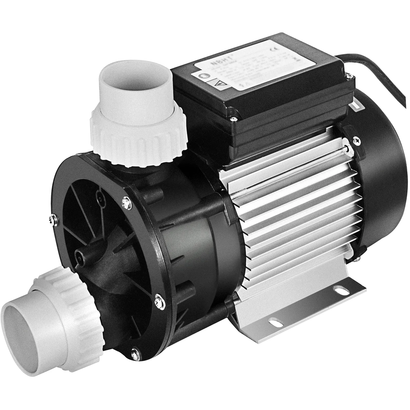 black and silver VEVOR hot tub pump with white hose fittings.
