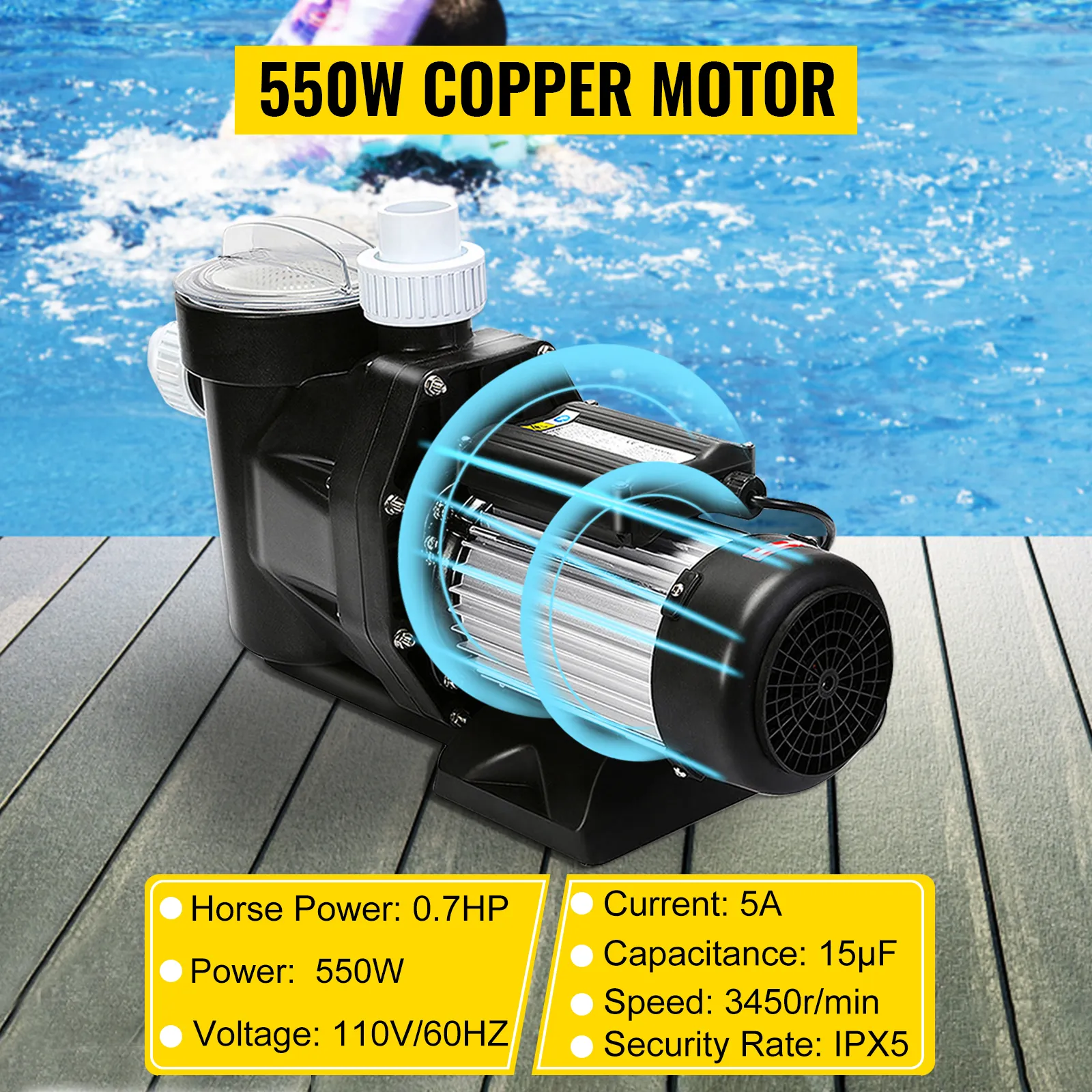 VEVOR hot tub pump with 550w copper motor, 0.7hp, 110v, 3450r/min speed.
