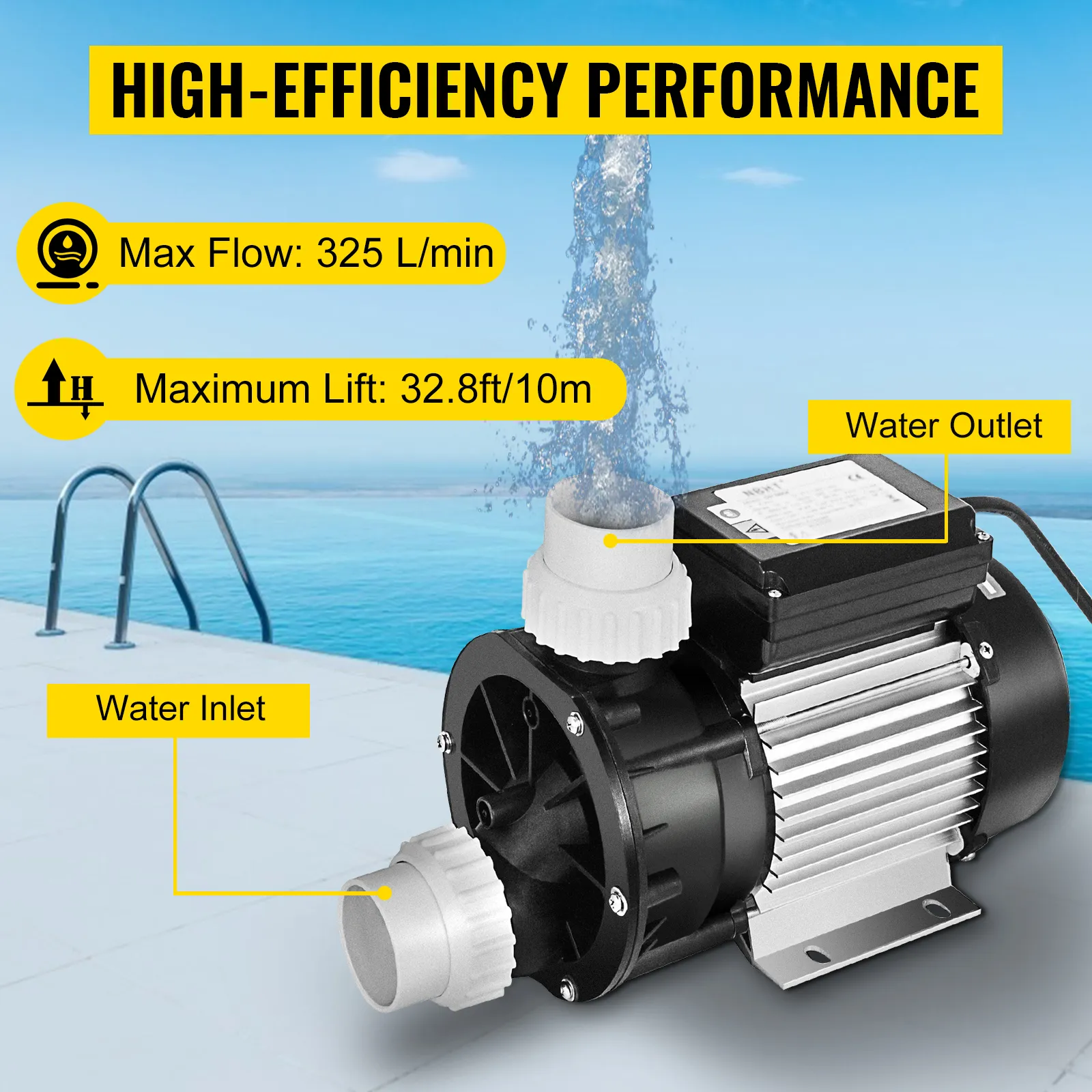 VEVOR hot tub pump next to pool with labels for max flow, lift, and water inlet/outlet.