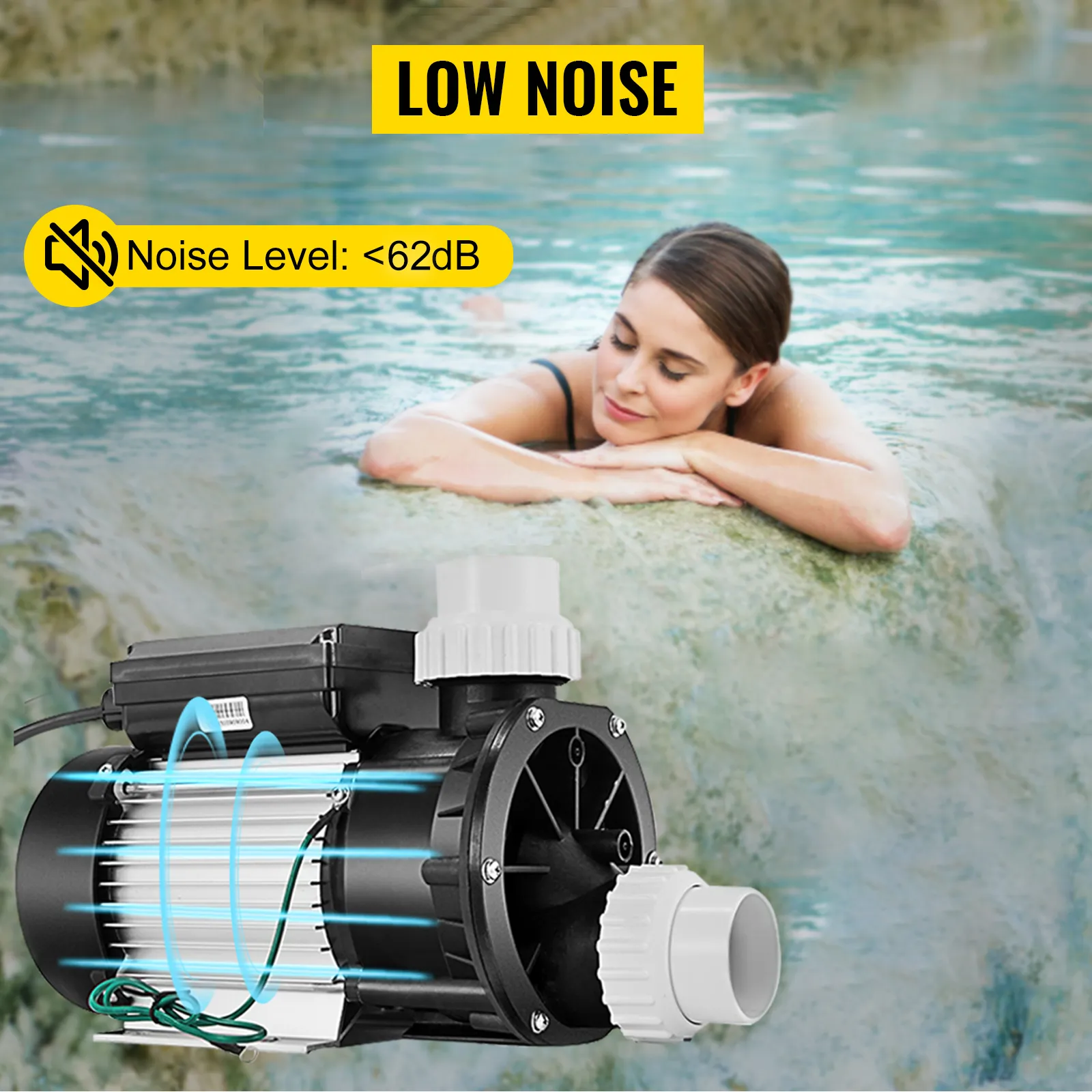 VEVOR hot tub pump with low noise level <62db for a relaxing spa experience.