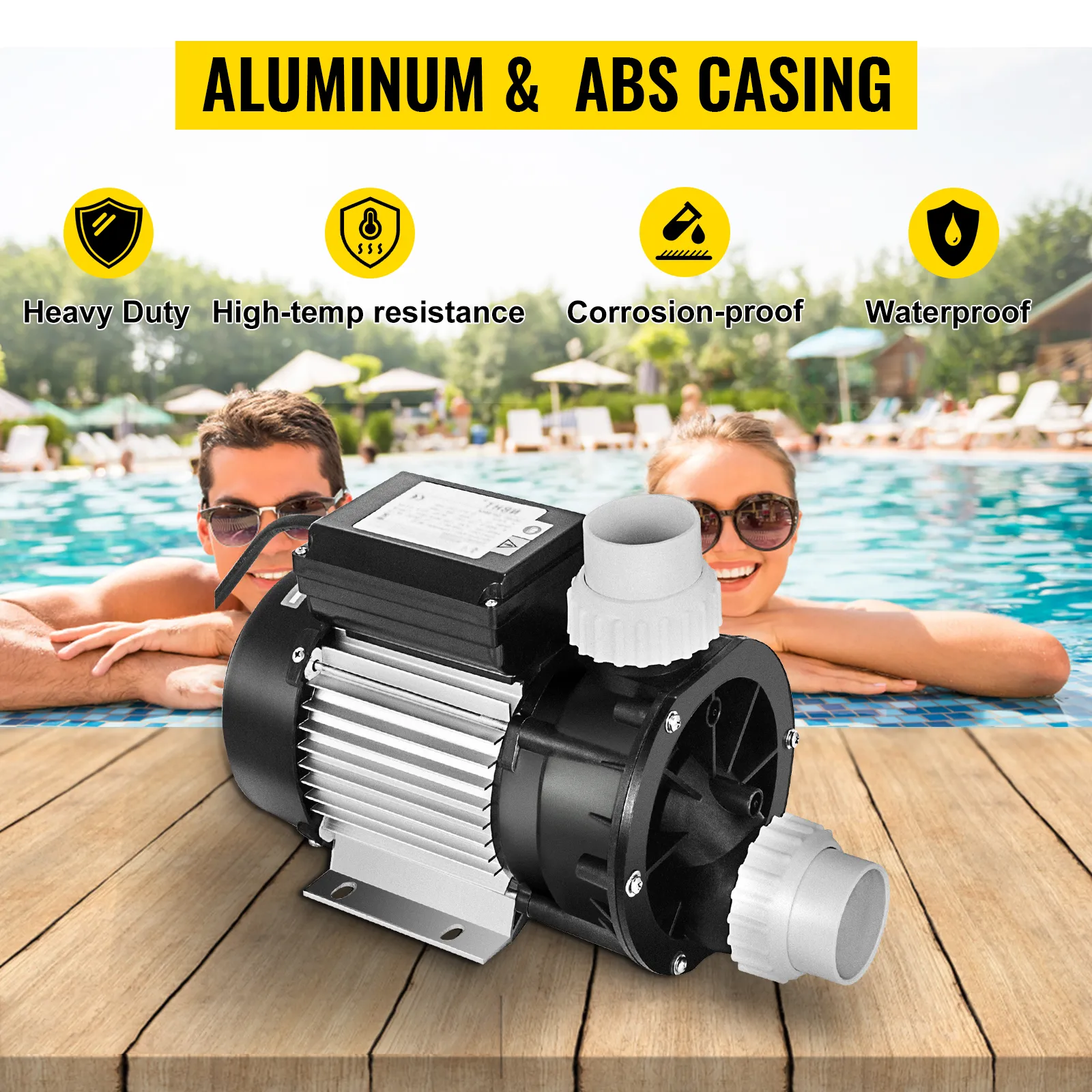 VEVOR hot tub pump with aluminum and abs casing near pool, showcasing features.