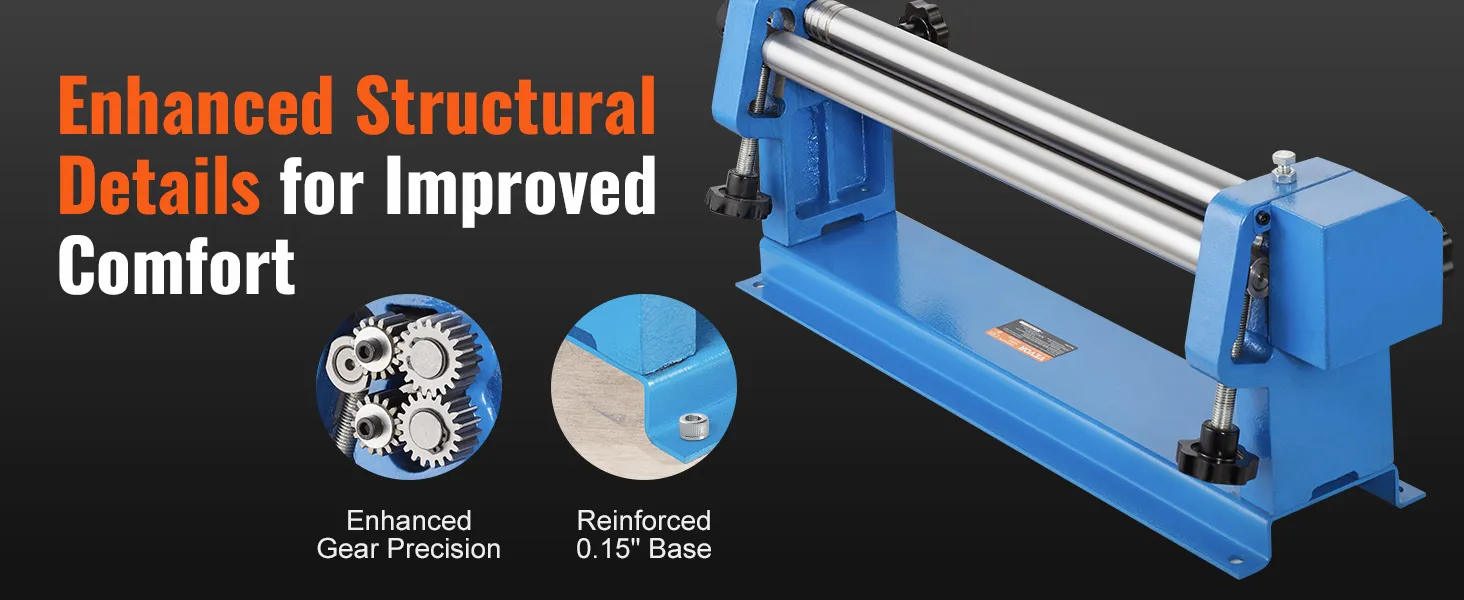 VEVOR slip roll machine with enhanced gear precision and reinforced 0.15" base for improved comfort.