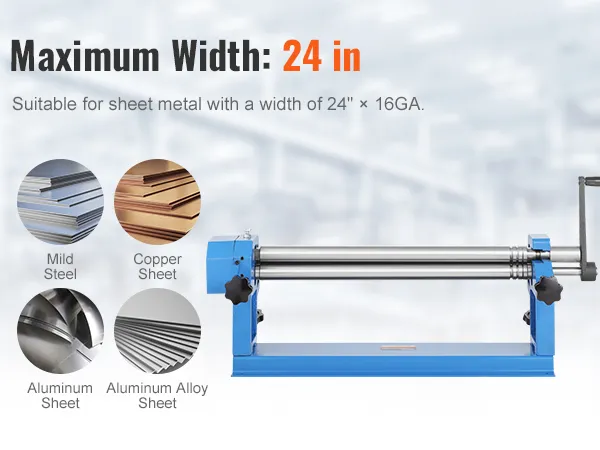 VEVOR slip roll machine for 24" wide sheet metal including mild steel, copper, aluminum, and alloy.