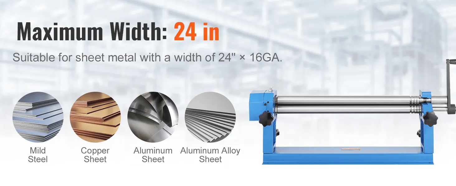 VEVOR slip roll machine for 24" wide sheet metal including mild steel, copper, aluminum, and alloy.