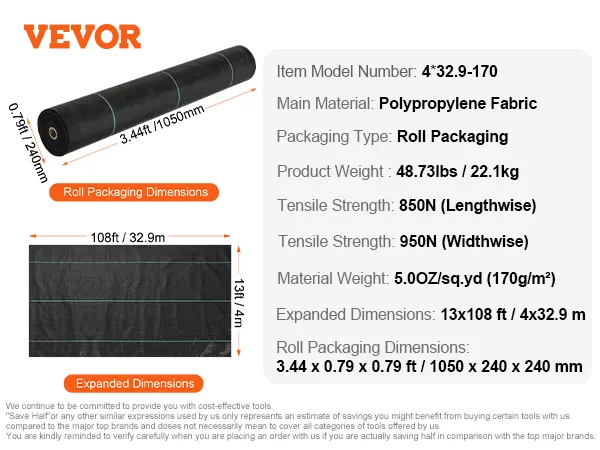 VEVOR weed barrier fabric with dimensions of 13x108 ft, weight 48.73lbs, made of polypropylene fabric.
