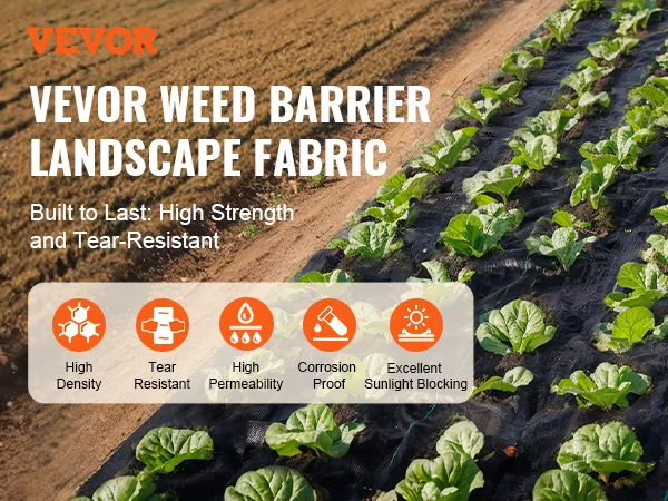VEVOR weed barrier fabric in vegetable garden with features: high density, tear resistant, high permeability.