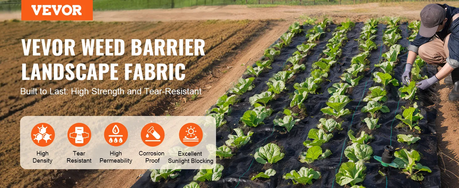 VEVOR weed barrier fabric in vegetable garden with features: high density, tear resistant, high permeability.