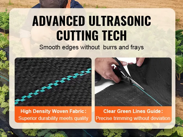 gardener using VEVOR weed barrier fabric with advanced cutting tech for smooth edges and precise trimming.