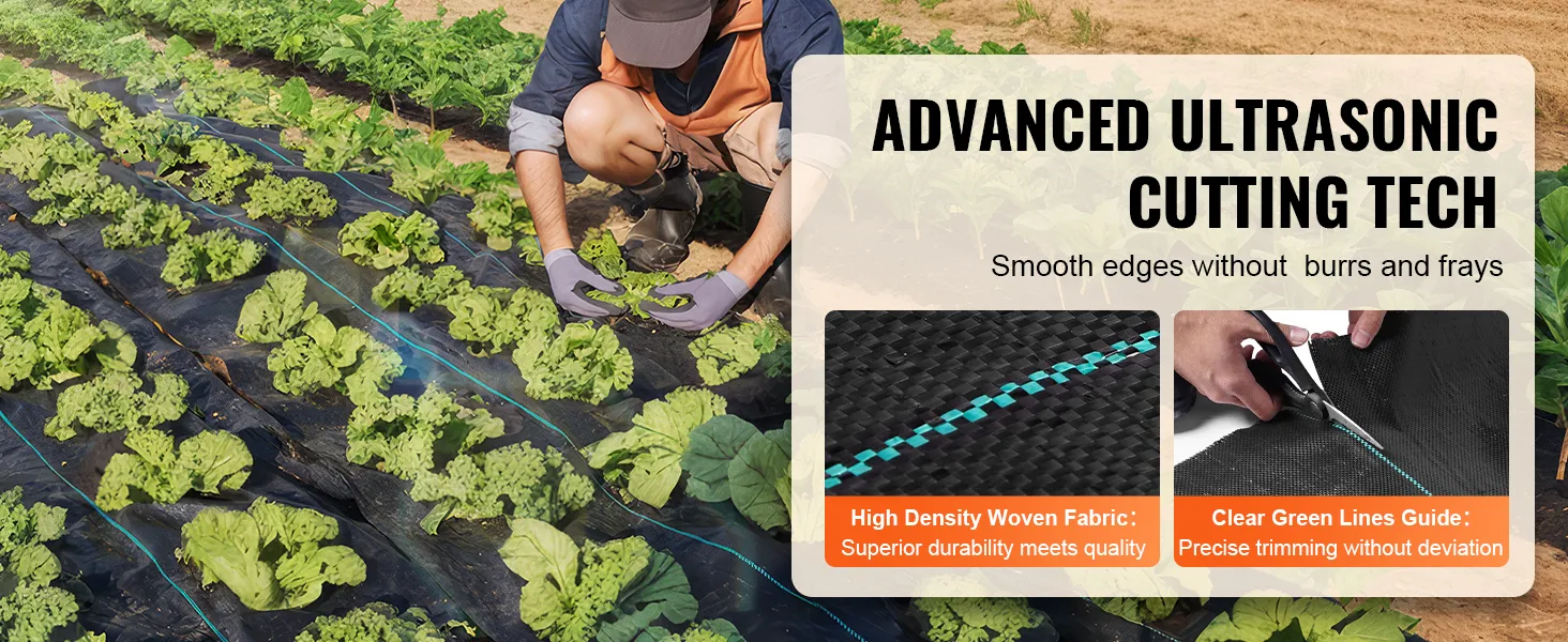 gardener using VEVOR weed barrier fabric with advanced cutting tech for smooth edges and precise trimming.