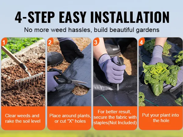 4-step installation guide for VEVOR weed barrier fabric with tools and plants in a garden.