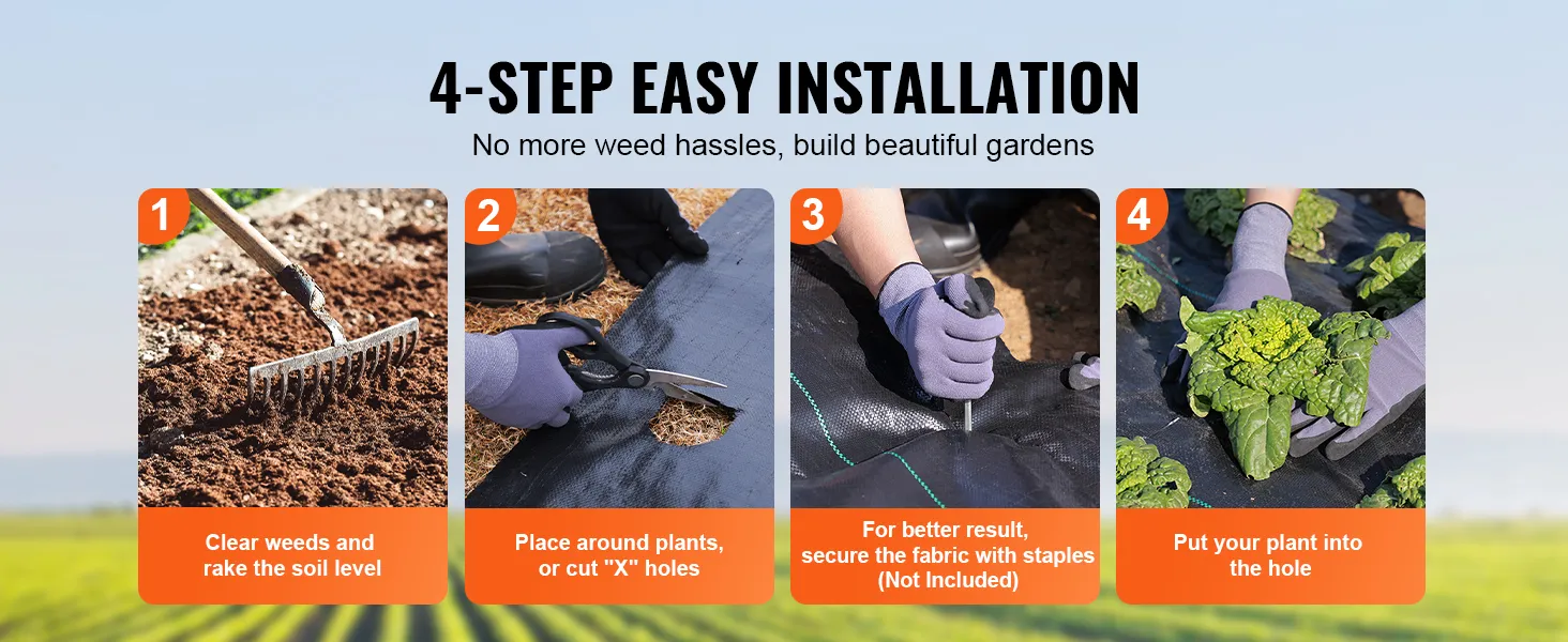 4-step installation guide for VEVOR weed barrier fabric with tools and plants in a garden.