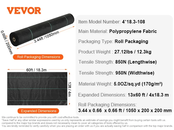 VEVOR weed barrier fabric, roll dimensions: 3.44ft x 0.66ft, expanded dimensions: 13ft x 60ft.