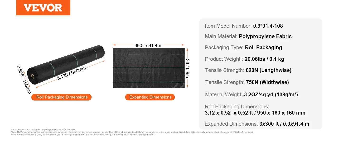 VEVOR weed barrier fabric roll packaging and dimensions, 3ft x 300ft, made of polypropylene fabric.