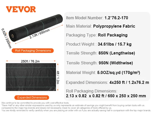VEVOR weed barrier fabric roll, dimensions 2.13 x 0.82 ft, expanded to 4 x 250 ft.