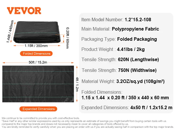 VEVOR weed barrier fabric folded and expanded dimensions with product details and specifications.