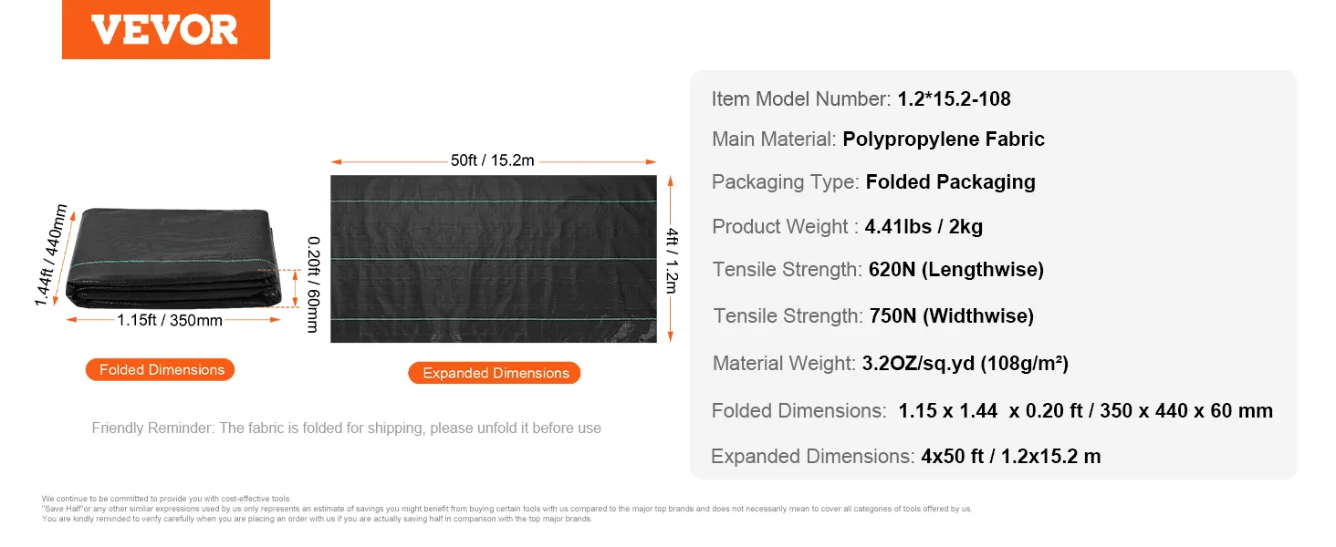 VEVOR weed barrier fabric folded and expanded dimensions with product details and specifications.