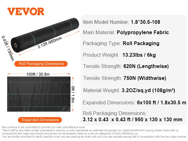 VEVOR weed barrier fabric 3.12ft x 0.43ft roll, dimensions 6ft x 100ft, 13.23lbs, black polypropylene fabric.