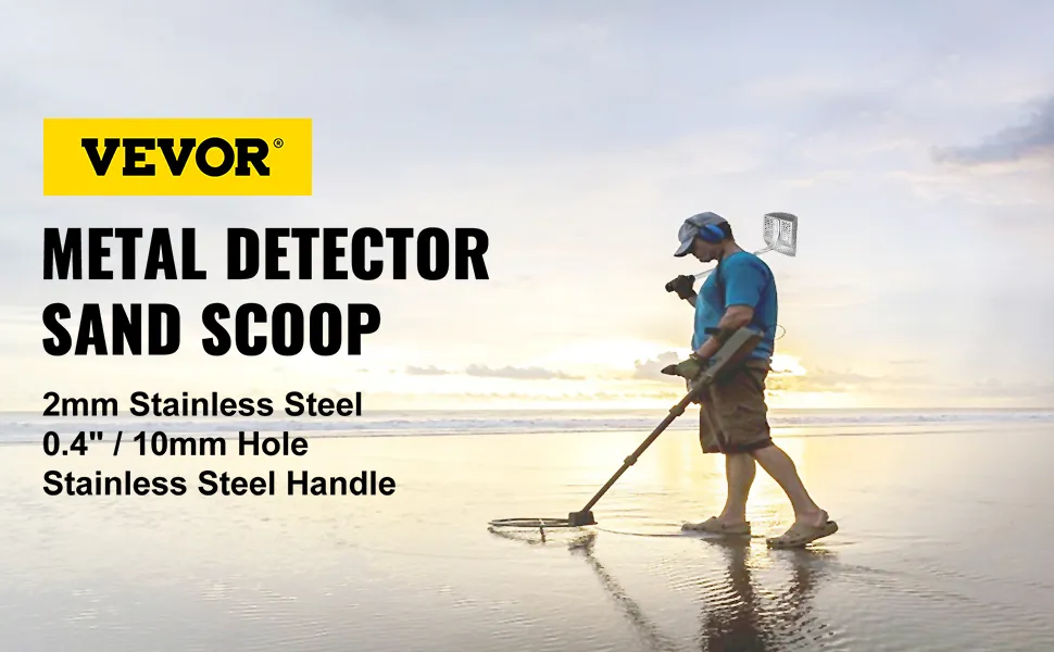 Pala de arena con detector de metales VEVOR con mango de acero inoxidable en la playa al atardecer.