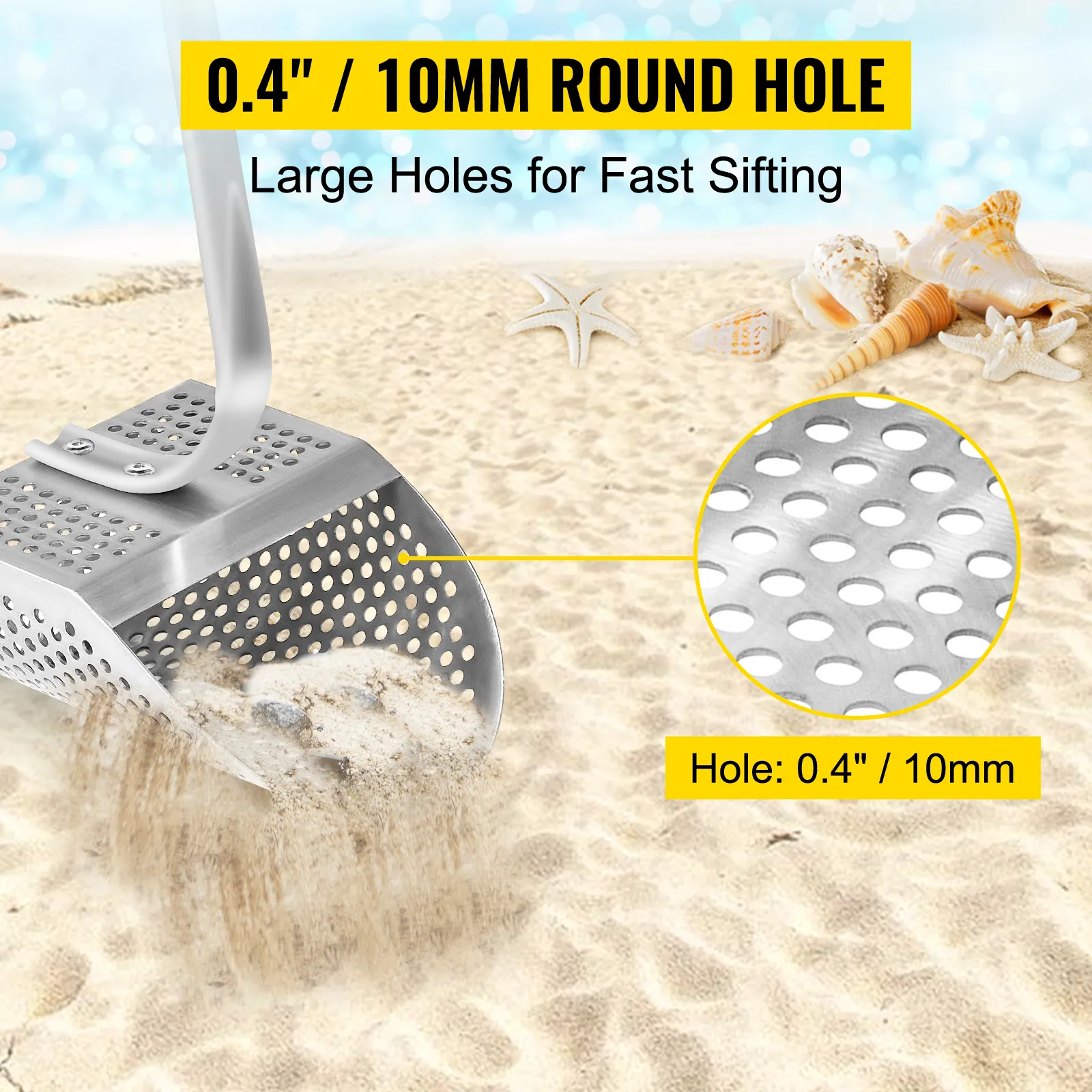 Pala para arena con detector de metales VEVOR con orificios redondos de 0,4" para tamizar rápidamente en la playa.