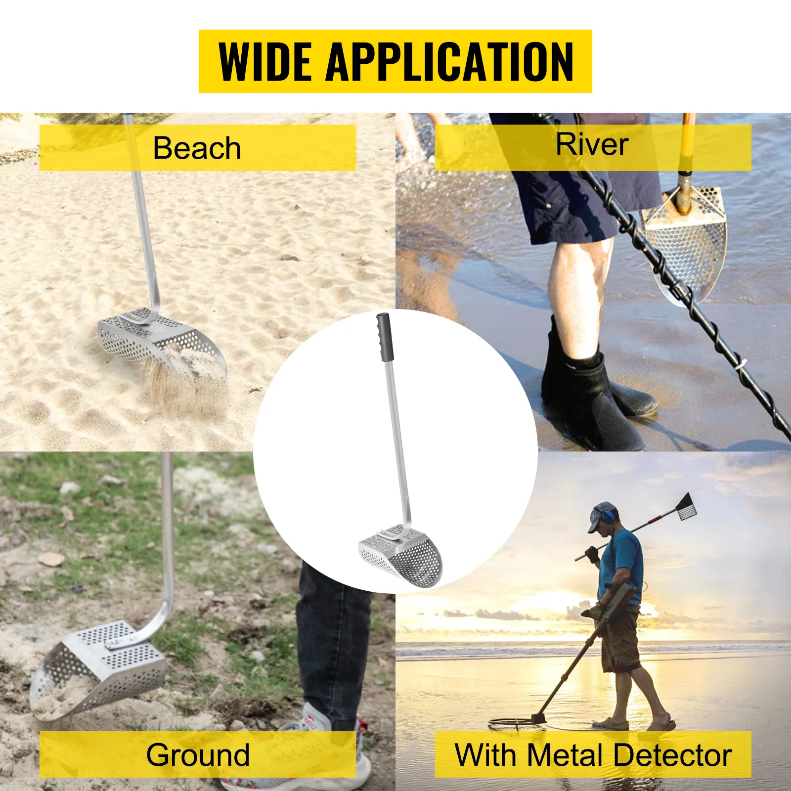 Pala de arena con detector de metales VEVOR utilizada en playa, río, suelo y con detector de metales.