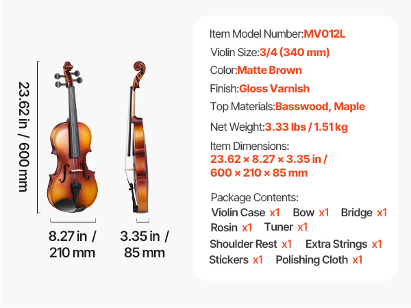 VEVOR 3/4 Size Violin – Age 9-11, Arm Length of 22-23 inches