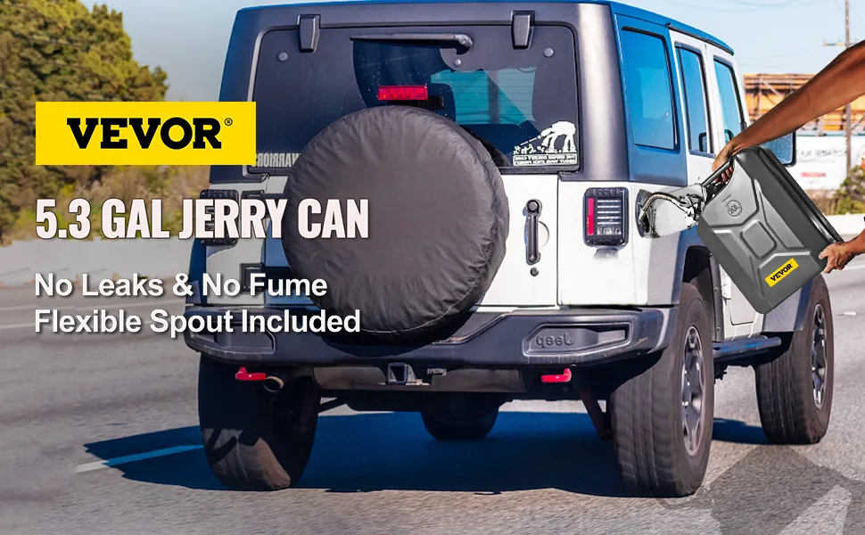 VEVOR jerry fuel can being used to refuel a white jeep, showcasing a flexible spout and no leaks.