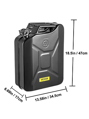 VEVOR jerry fuel can with dimensions: 18.5in x 13.58in x 6.69in, black, 20l capacity.
