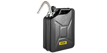 black VEVOR jerry fuel can with flexible spout and yellow logo on the bottom.