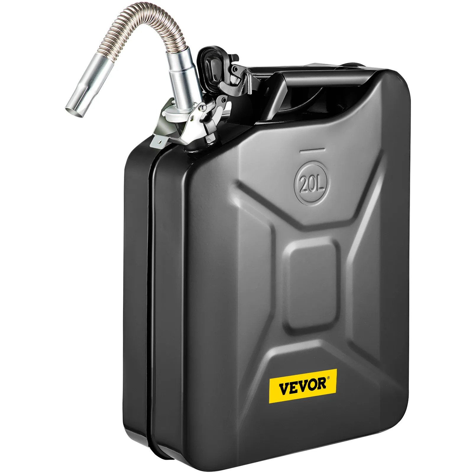 VEVOR jerry fuel can 20l with spout, black metal container with a yellow VEVOR label.