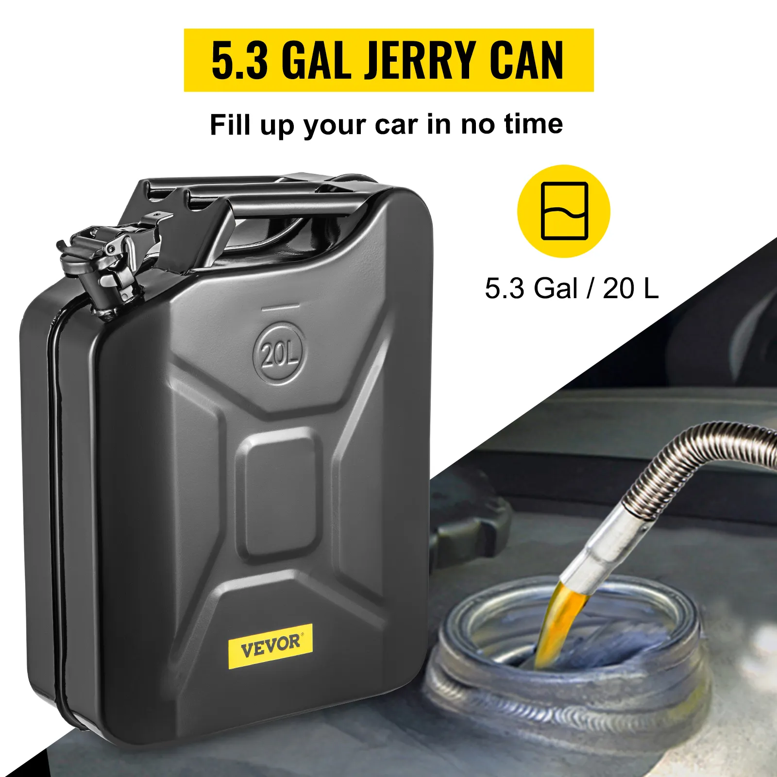 VEVOR jerry fuel can 5.3 gal for quick car refueling, black with 20l capacity and secure spout.
