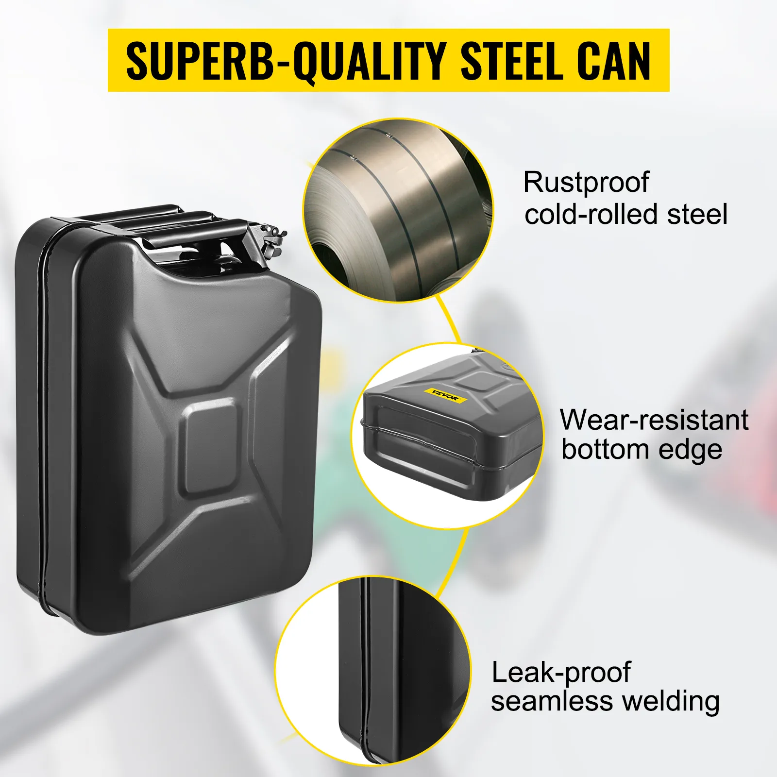 VEVOR jerry fuel can with rustproof cold-rolled steel, wear-resistant bottom edge, and seamless welding.
