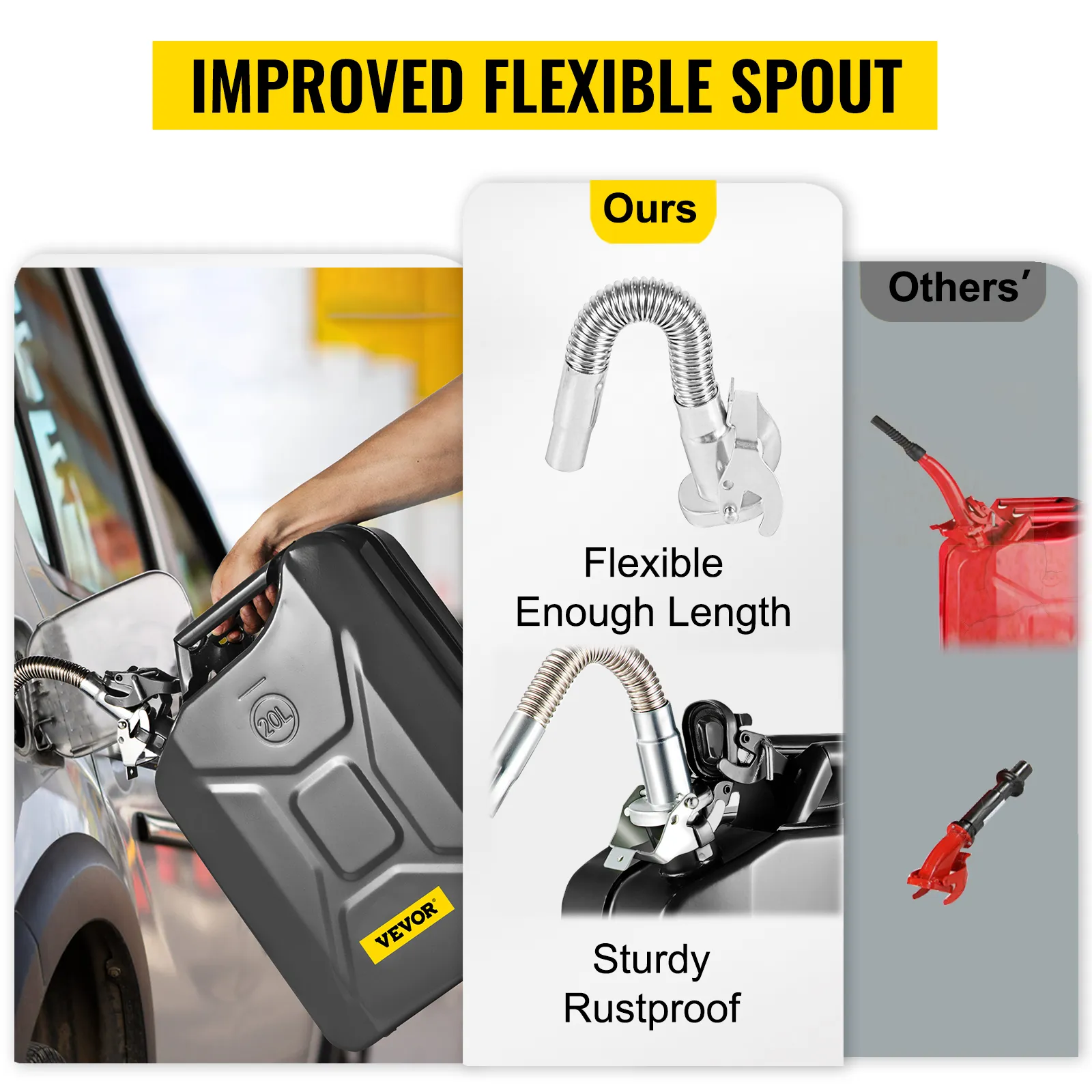 VEVOR jerry fuel can with flexible, rustproof spout comparison against other rigid spouts.