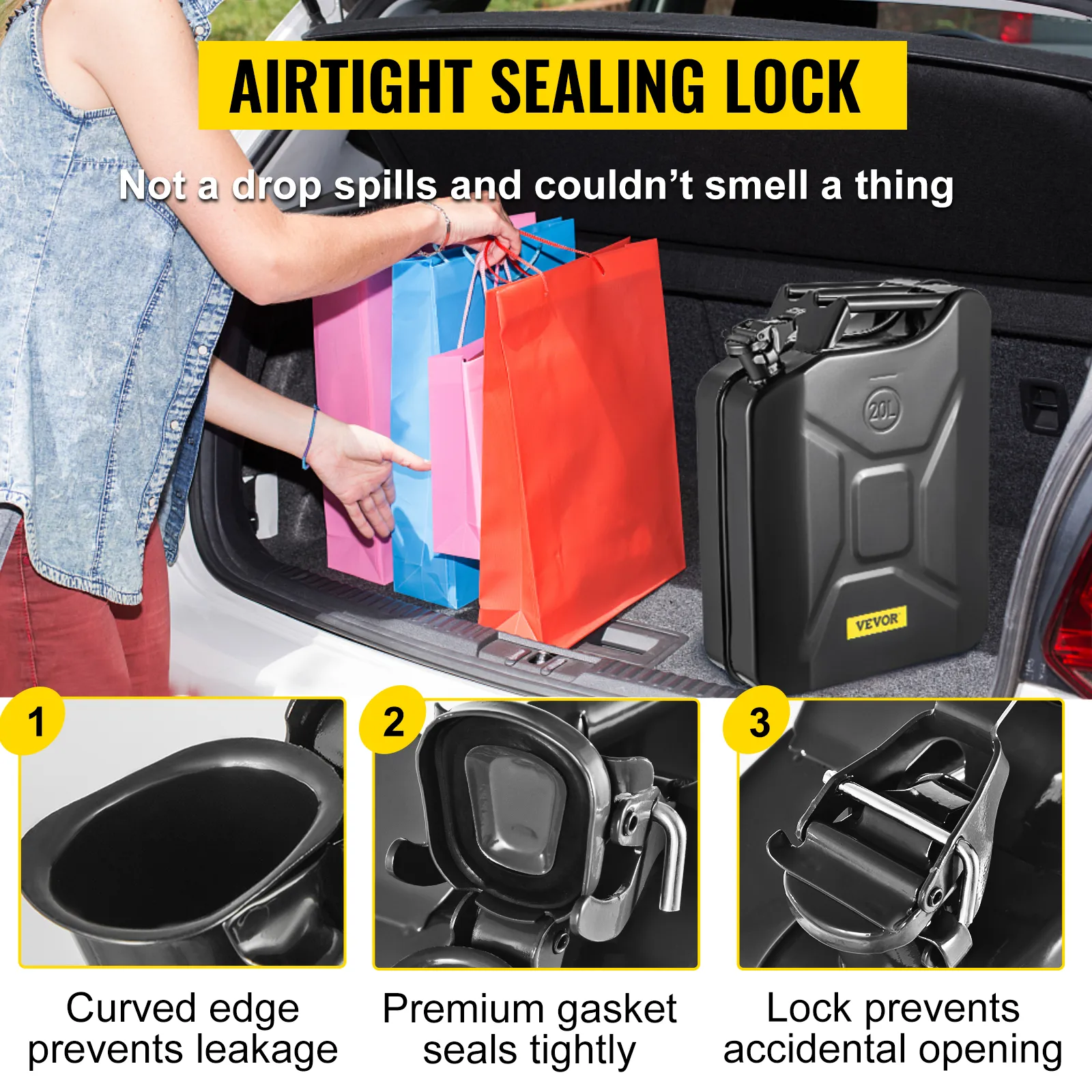 VEVOR jerry fuel can in trunk with shopping bags, featuring airtight sealing lock and curved edge for leak prevention.