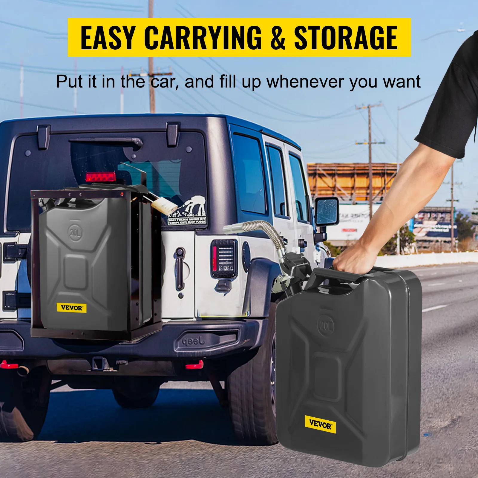 VEVOR jerry fuel can attached to a jeep, demonstrating easy carrying and storage on the road.